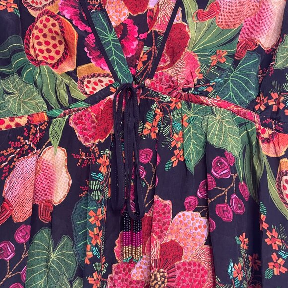 Farm Rio Floral Boho Blouse size M Multicolor Peasant Top w/ Tassel Tie - Picture 3 of 9